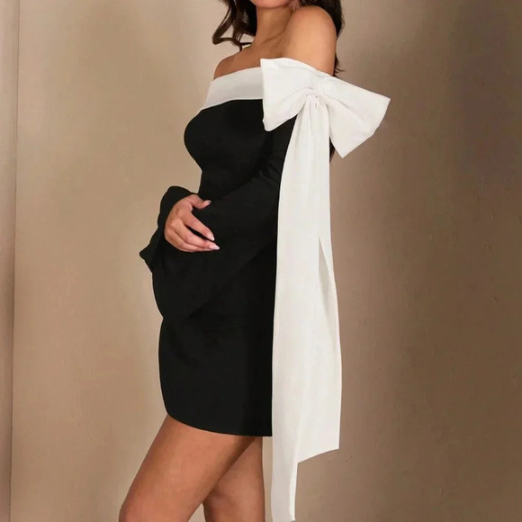 Black And White Elegant Women's Party Cocktail Shoulder Long Sleeve Dress - Picture 4 of 6